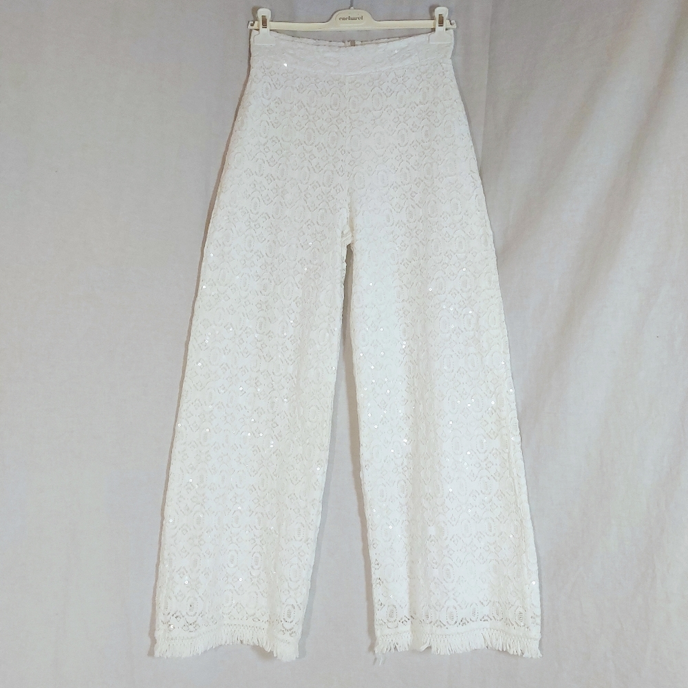 Motel Italia white cotton lace sequined wide-leg trousers, S/M, EUC